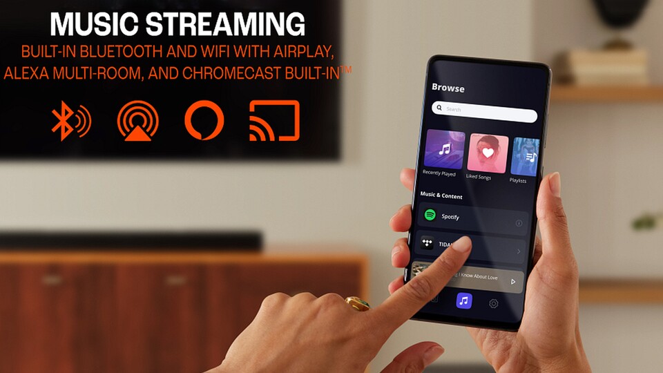 Dank Apple AirPlay 2, Amazon Alexa und Google Chromcast könnt ihr mit der Soundbar auch ohne TV Musik, Radio und Podcasts hören und sie als Multiroom-Lautsprecher nutzen.