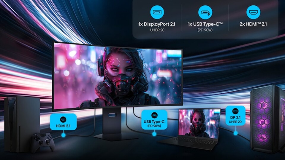 Mit HDMI 2.1 und DisplayPort 2.1 unterstützt der 5K2K-Monitor von LG sämtliche Anschlüsse, die ihr für so einen Monitor braucht. USB-C mit 90 Watt ist zusätzlich auch noch echt hilfreich.