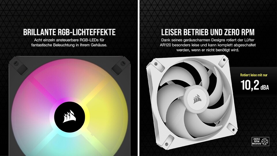 RGB-Steuerung mit Corsair iCUE, besondere Laufruhe und bei Bedarf sogar mucksmäuschenstill - Die Corsair AR120 iCUE RGB-Lüfter überzeugen mit einem kaum zu schlagenden Preis-Leistungs-Verhältnis.