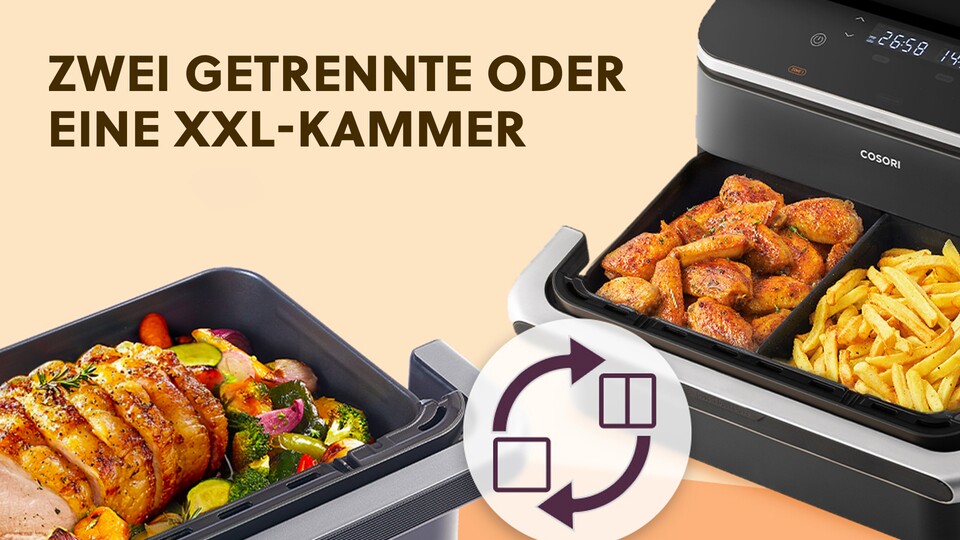 Bei der Cosori Heißluftfritteuse könnt ihr zwei getrennte Kammern nutzen, oder den Bratraum mit der herausnehmbaren Trennwand enorm vergrößern.