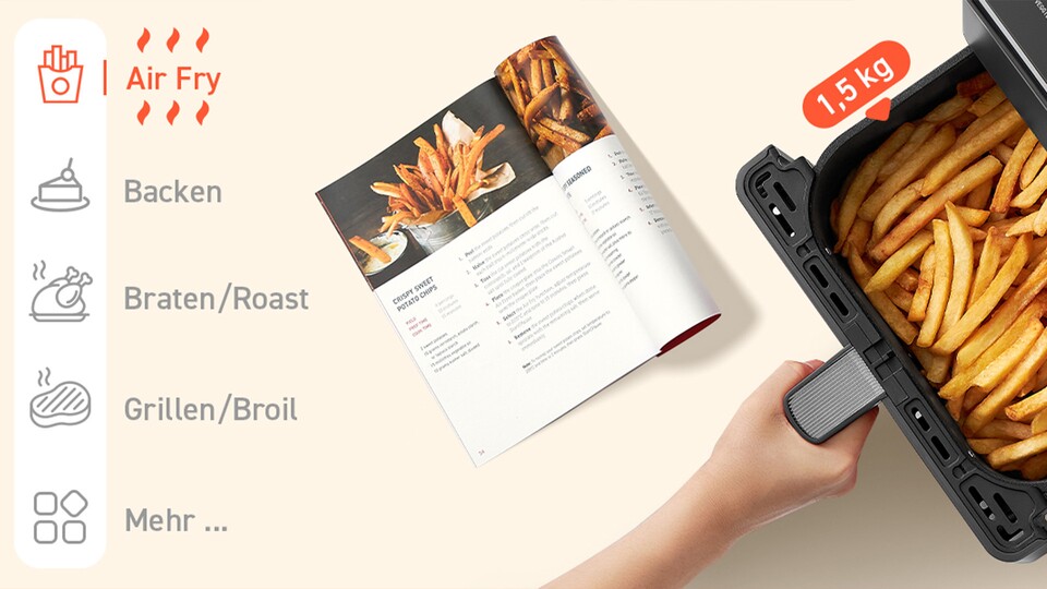 Das mitgelieferte Rezeptbuch ist erst der Anfang! In der passenden App findet ihr unzählige weitere Rezepte und genaue Anleitungen für die 12 unterschiedlichen Modi des Airfryers.