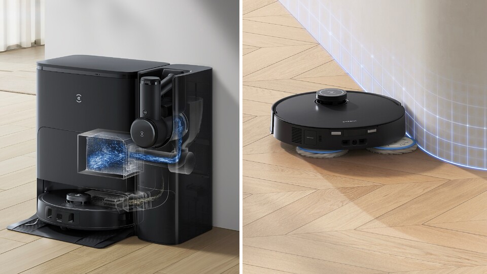 Der Ecovacs Saug- und Wischroboter saugt und wischt wirklich bis in alle Ecken und an allen Kanten entlang. Zurück in der Basis wird er für den nächsten Einsatz vorbereitet.