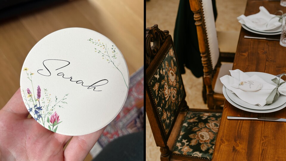 Die Keramikuntersetzer als Namensschilder waren gleichzeitig das perfekte Gastgeschenk. (Bild rechts von Milena Ehrengruber Fotografie)