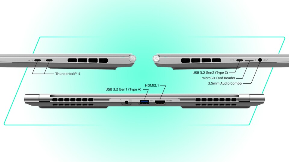 Jede Menge Anschlüsse haben ihren Platz im schlanken Gehäuse des Gigabyte AERO 16 gefunden - das ist im Alltag praktisch und macht Adapter überflüssig.