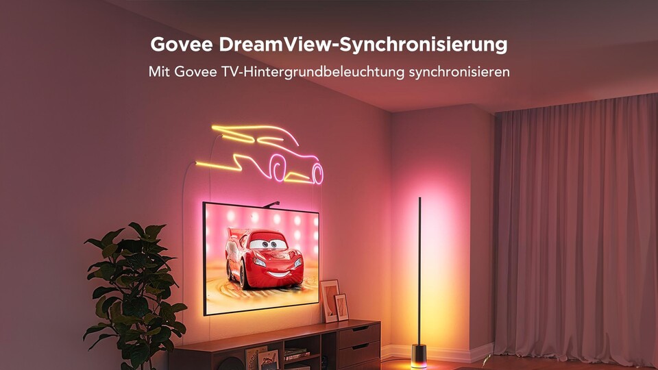 Der Ambilight-Effekt der Govee Stehlampe zusammen mit der TV-Hintergrundbeleuchtung macht bei Filmen und Serien im Smart Home einfach Spaß!