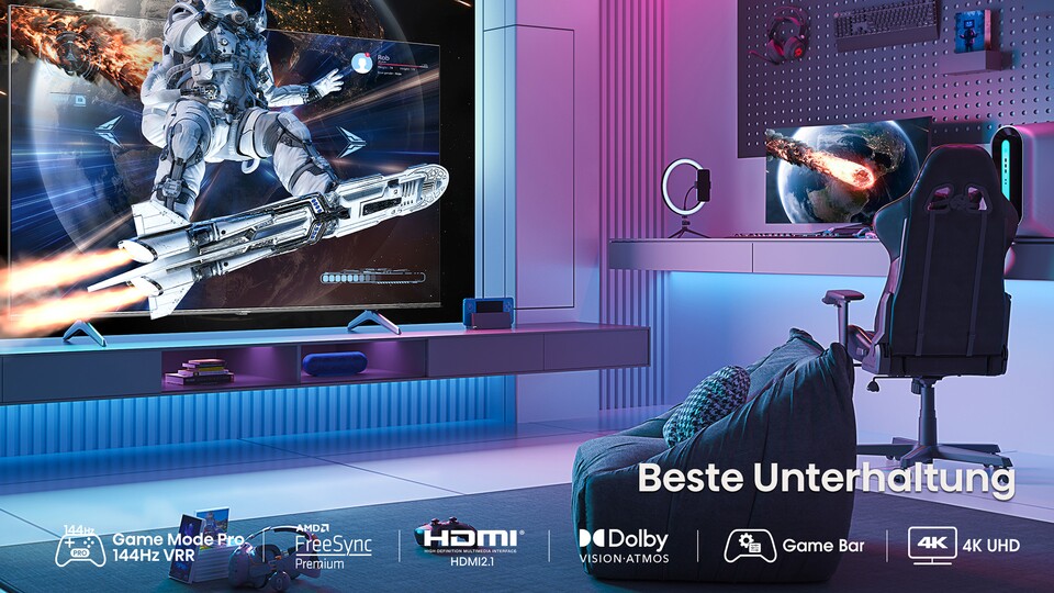 Der Hisense TV eignet sich dank 144 Hz mit variabler Bildrate, HDMI 2.1 sowie AMD FreeSync perfekt als Gaming TV für PC, Xbox Series und PS5.