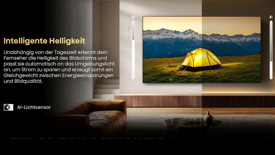 Mit smarten Sensoren passt der Hisense U7Q jederzeit seine Helligkeit an die Umgebung bei euch an. So genießt ihr bei Tageslicht und Nacht die beste Bildqualität.