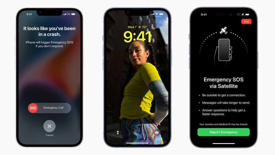 Das iPhone 14 bringt zwei Neuerungen mit sich, die ihr hoffentlich niemals nutzen müsst: Die Unfall-Erkennung ruft im Falle eines Verkehrsunfalls automatisch die Rettungskräfte und mit dem Notruf via Satelit könnt ihr Hilfe rufen, selbst komplett ohne Empfang.