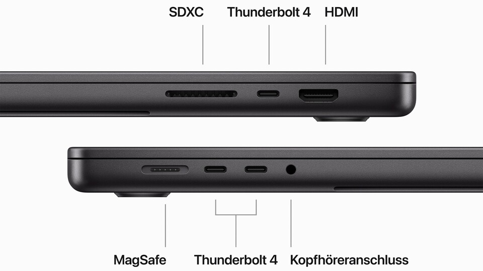 Neben dem beliebten MagSafe Ladeanschluss findet ihr auch satte drei Thunderbolt-Steckplätze, einen Kopfhöreranschluss für hohe Impedanz, einen HDMI 2.1-Anschluss und einen SD-Kartenleser.