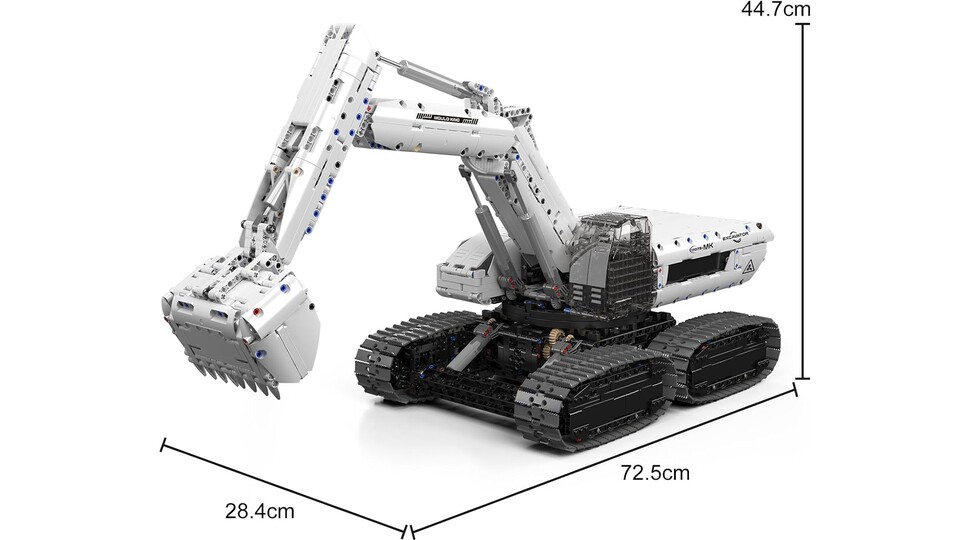 Der Mould King Raupenbagger 17079 ist über 70cm lang, fast 30cm breit und 45cm hoch.
