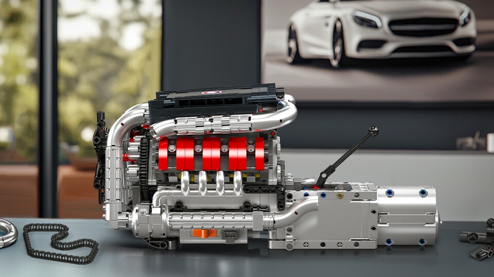 Die Klemmbaustein-Marke Mould King hat dutzende solcher Motoren-Bausätze im Programm – vom Vierzylinder Automotor bis zur Flugzeugturbine.