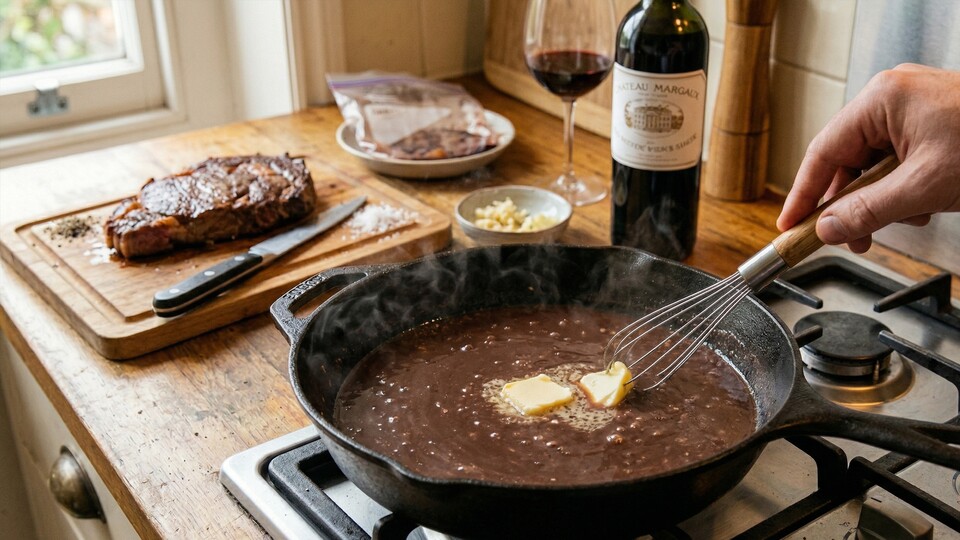 Ein paar Zutaten und wenige Minuten (die ihr ohnehin auf euer Steak warten müsst) reichen für die perfekte Pfannensoße. Bild mit Gemini erstellt