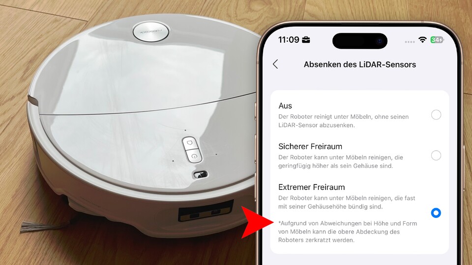 Der Roborock Saugroboter macht sich extra-flach, indem er seinen Laser-Turm einfährt, und kommt so unter noch niedrigere Möbel.