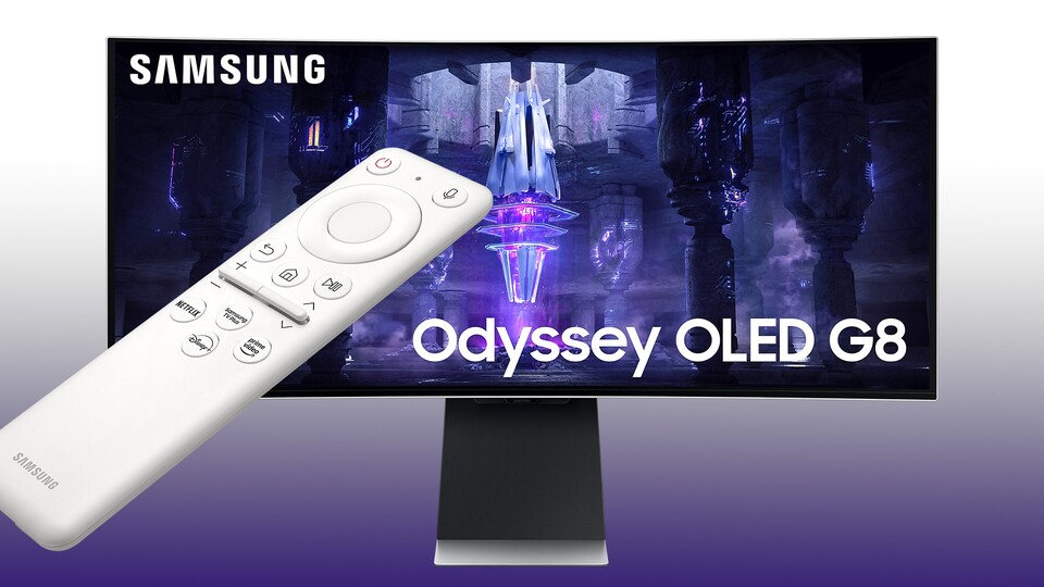 Gaming-Monitor mit eingebautem Smart-TV: Samsung liefert nicht ohne Grund eine Fernbedienung mit dem OLED G8 mit.