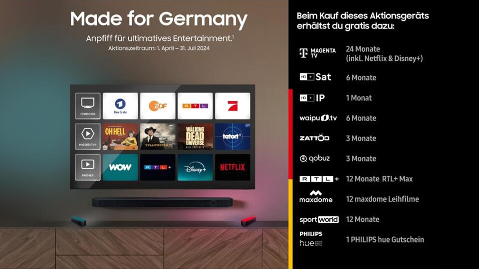 Sender wie Pro7, Sat 1 und RTL in HD – mit Magenta TV kein Problem! Außerdem gibt’s Waipu TV, Netflix und Disney+ auch noch gratis zum Samsung-TV.