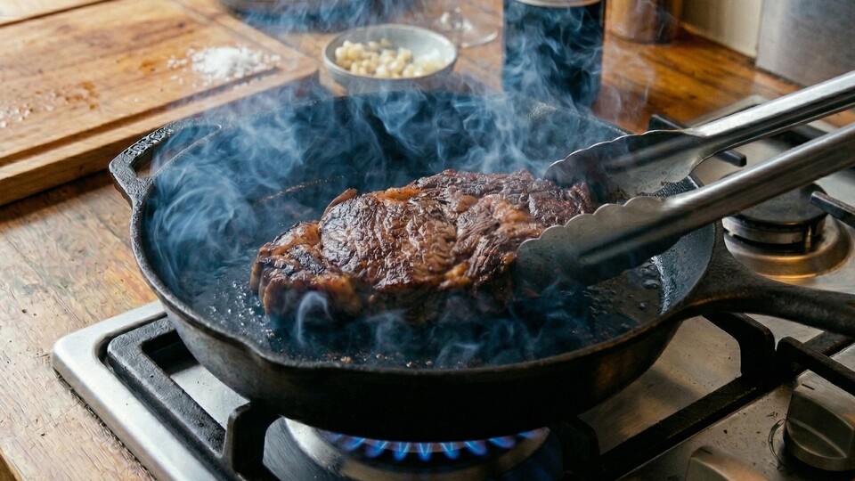 Reißt die Fenster auf, denn es muss jetzt richtig qualmen! Für die Kruste braucht ihr viel Hitze und etwas Geduld. Bild mit Gemini erstellt
