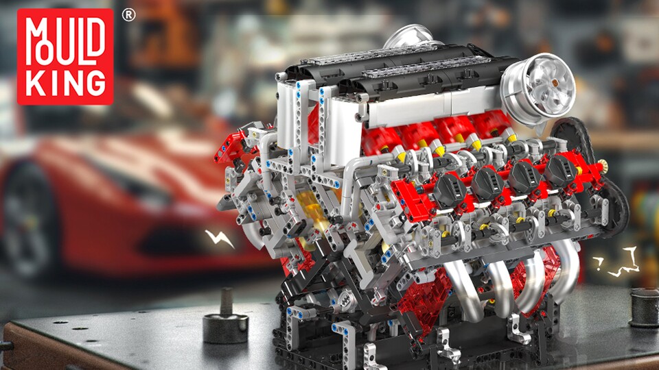 Der V8-Motor aus LEGO-ähnlichen Technik-Bausteinen bietet mit knapp 32 × 36 × 26 Zentimetern Größe genug Platz für viele Details und Funktionen.