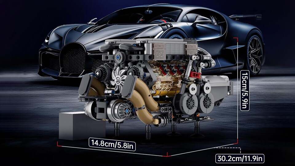 Das Mould King Modell von diesem Hypercar-Motor ist mit circa 15 Zentimetern Höhe und Breite, sowie 30 Zentimetern Länge nicht übertrieben groß.