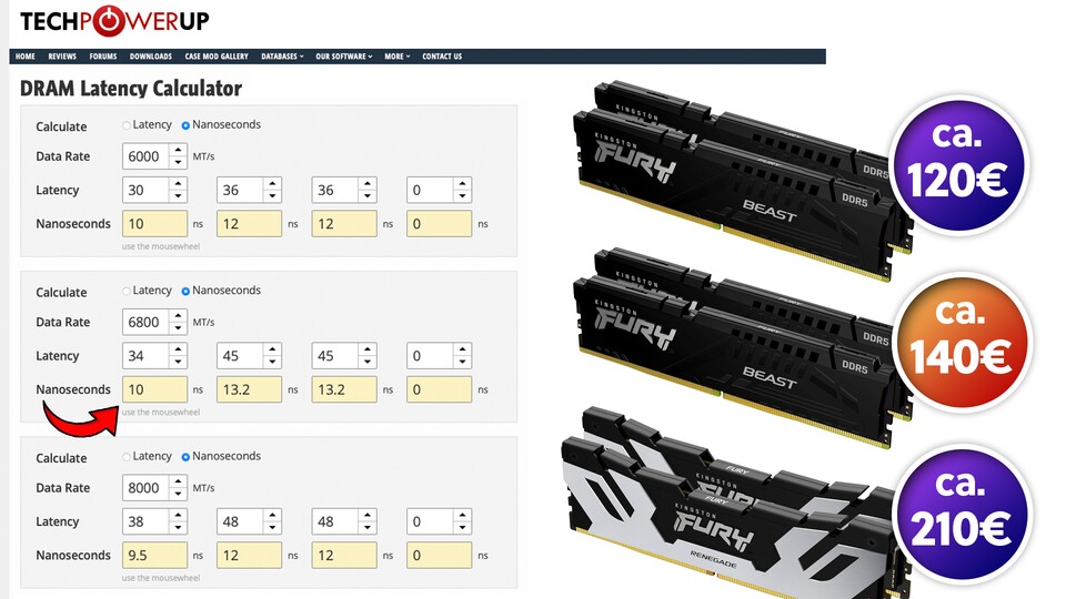 Mit einem RAM-Calculator kann man unterschiedliche RAM-Kits miteinander vergleichen. Gezeigte Preise beziehen sich auf Amazon-Listings Mitte Juli 2025.