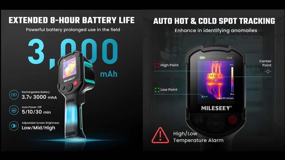 The display resolution of 192×192 pixels and a thermal sensitivity of <50mk characterize the thermal imaging camera.