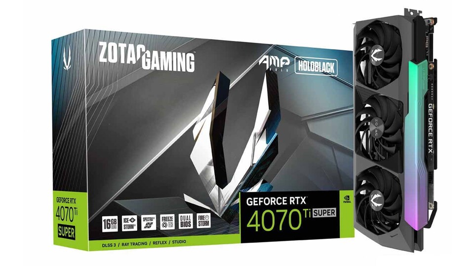 Die Zotac Gaming GeForce RTX 4070 Ti Super AMP Holo sieht mit ihrer RGB-Beleuchtung und in Anthrazit richtig gut aus!