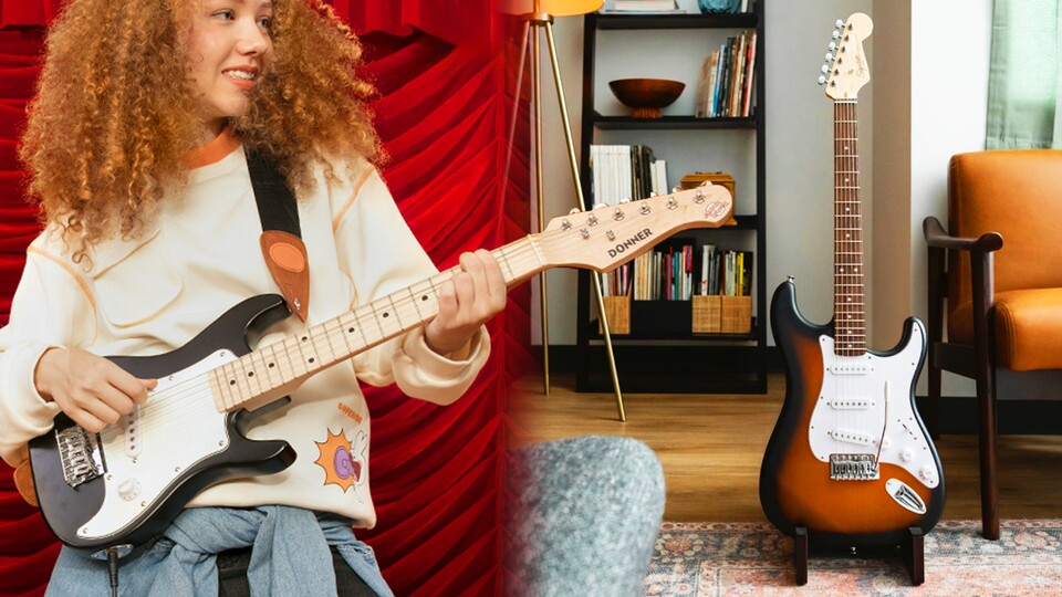 Ist die Gitarre für jüngere Kinder bis 12 gedacht, dann sollte zu einer Mini-Gitarre gegriffen werden, wie dieses Modell von Donner (l). Eine normale Stratocaster (r) könnte evtl. zu groß für sie sein.