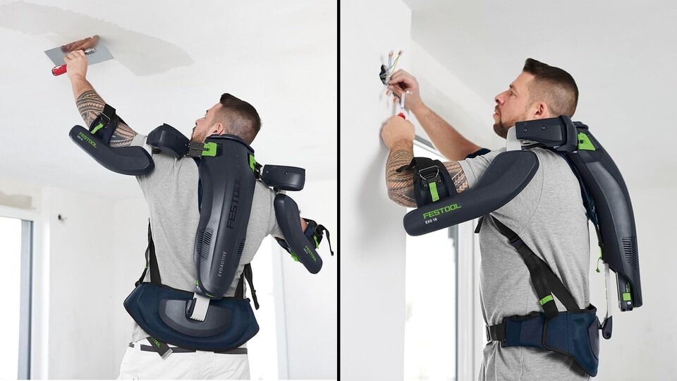 Überkopfarbeit ist schwer: Dieses Exoskelett von Festool soll Überlastung vermeiden.
