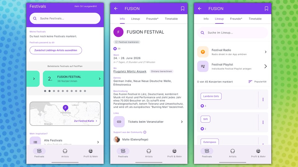 Bei FestPlan findet ihr die wichtigsten Infos und das Lineup zu den größten und beliebtesten Festivals in Deutschland. (Bildquelle: FestPlan GameStar Tech)