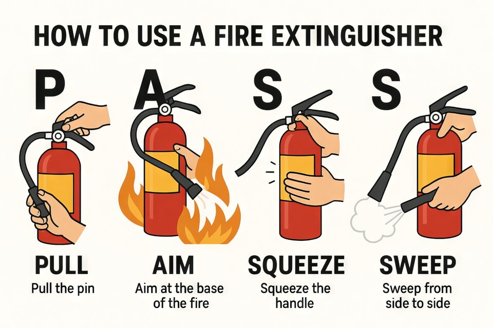 Die Eselsbrücke zur Benutzung eines Feuerlöschers: PASS, bezieht sich auf die englischen Wörter Pull, Aim, Squeeze, Sweep, zu Deutsch: Ziehen,
Zielen, Drücken, Schwenken. (Bildquelle: Adobe Stock)