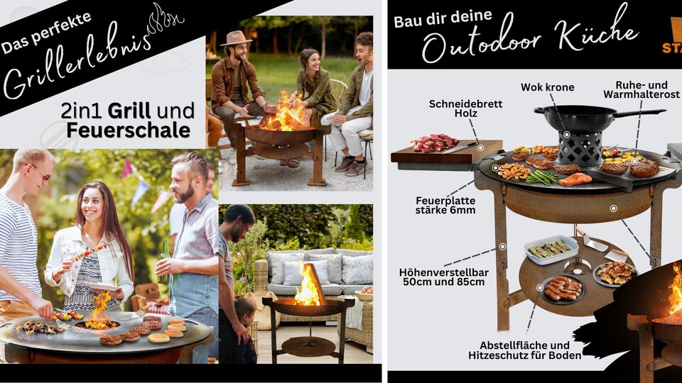 Eine Feuerschale ist ja allein schon für sich eine schöne Sache - aber umfunktioniert als Grill mit Plancha-Platte macht Grillen mehr Spaß.
