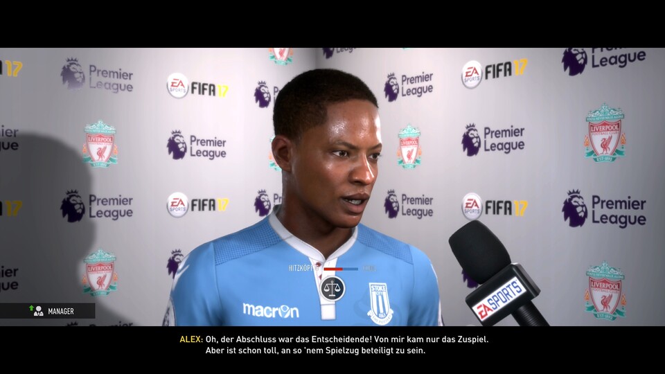 Im ersten Liga-Match mit Alex Hunter, Hauptdarsteller von »The Journey« geben wir die Vorlage zum Siegtor und werden darauf angesprochen. Ein bisschen stolz macht das schon.