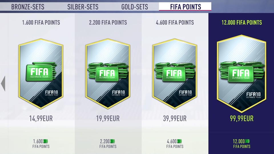 In FIFA 18 lassen sich für Echtgeld Fifa Points kaufen, mit denen man wiederum zufällig befüllte Sammelkartenpakete erwerben kann.