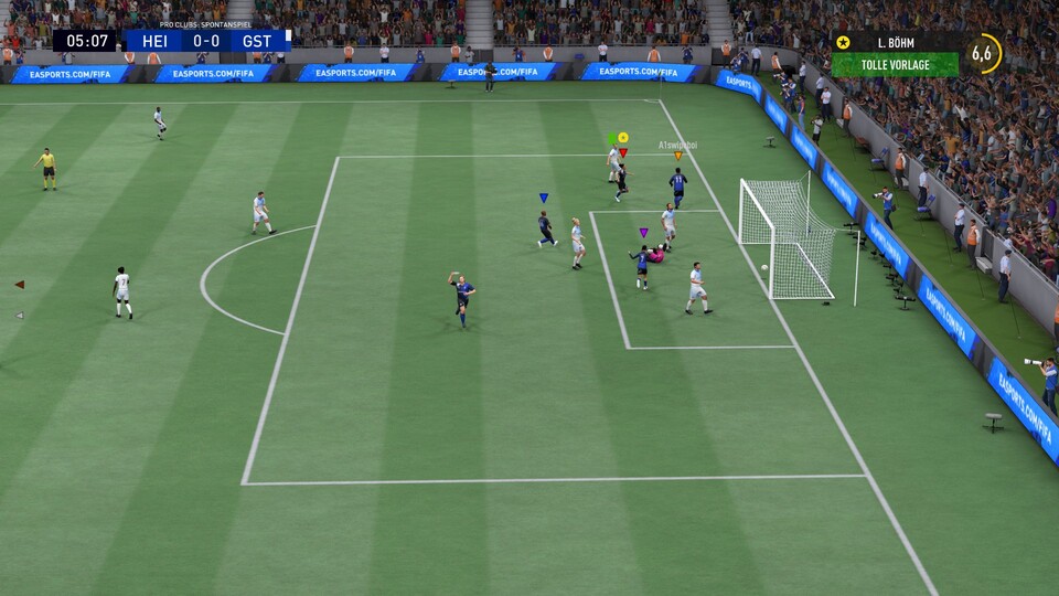 Tor in einer Partie im Pro-Club-Modus (ehemals: Be a Pro). Unsere Spielerin hat einen Assist beigesteuert, hängt aktuell aber noch bei einer Bewertung von 6,6.