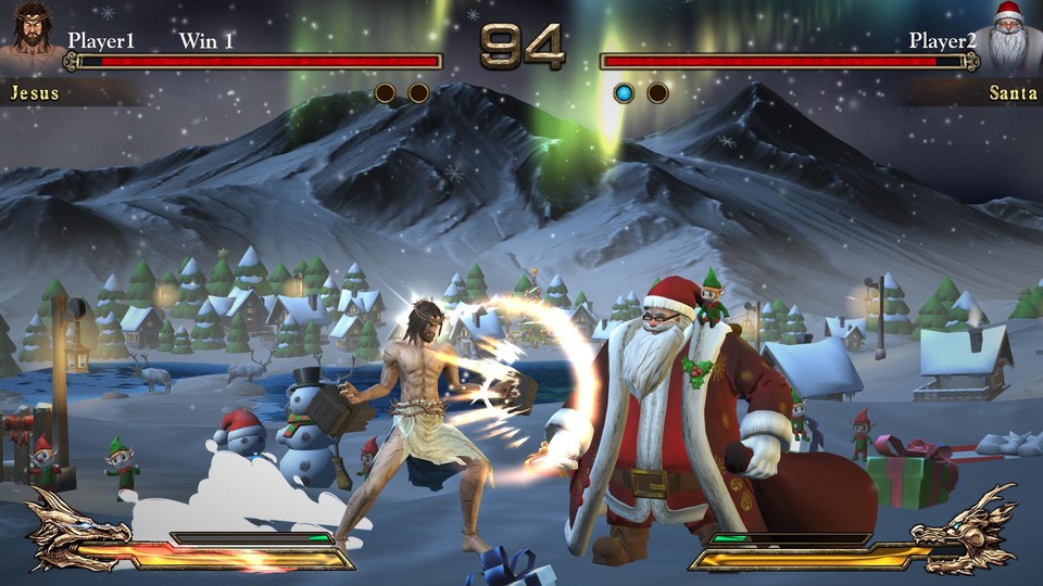 Jesus und Santa Claus kloppen sich in Fight of Gods am Nordpol.