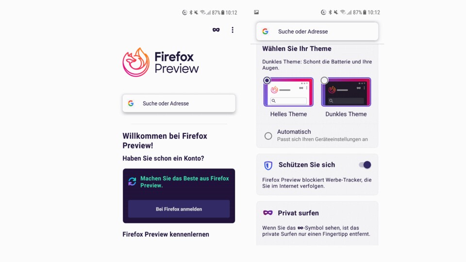 Firefox Preview bietet bereits jetzt die Möglichkeit, einen dedizierten Dark-Mode zu aktivieren.