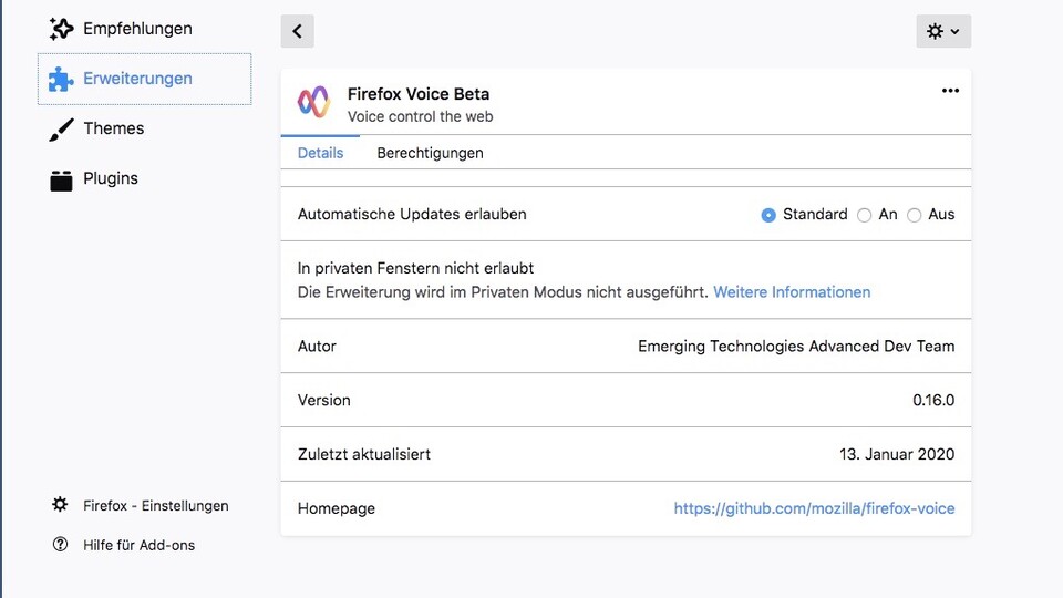 Nutzer können Firefox Voice im Addon-Menü von Firefox konfigurieren. 