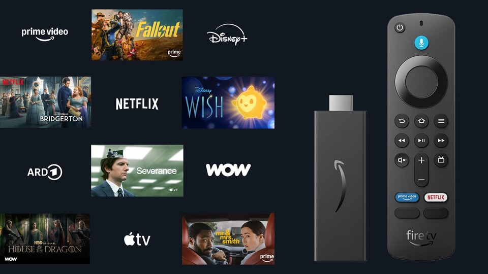 Mit dem FireTV-Stick habt ihr Zugriff auf Prime Video, Netflix, Disney+, Apple TV+ und verschiedene Mediatheken.