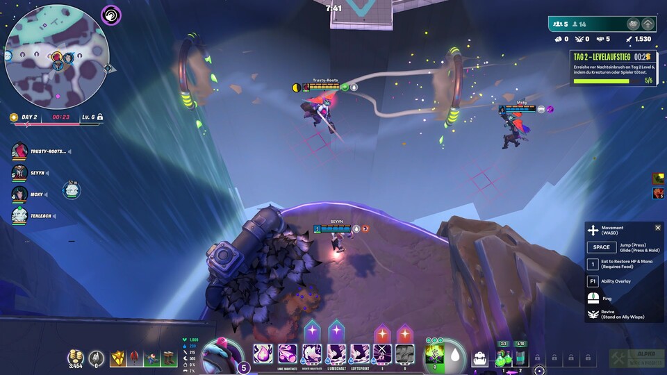 Per Gleitschirm fliegen wir über tiefe Schluchten: Die Map von Supervive ist komplex und tödlich.