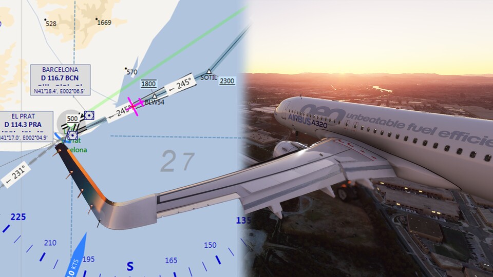 Der Landeanflug auf Barcelona in einem Flugplanungs-Tool (überraschenderweise links) und im Microsoft Flight Simulator.