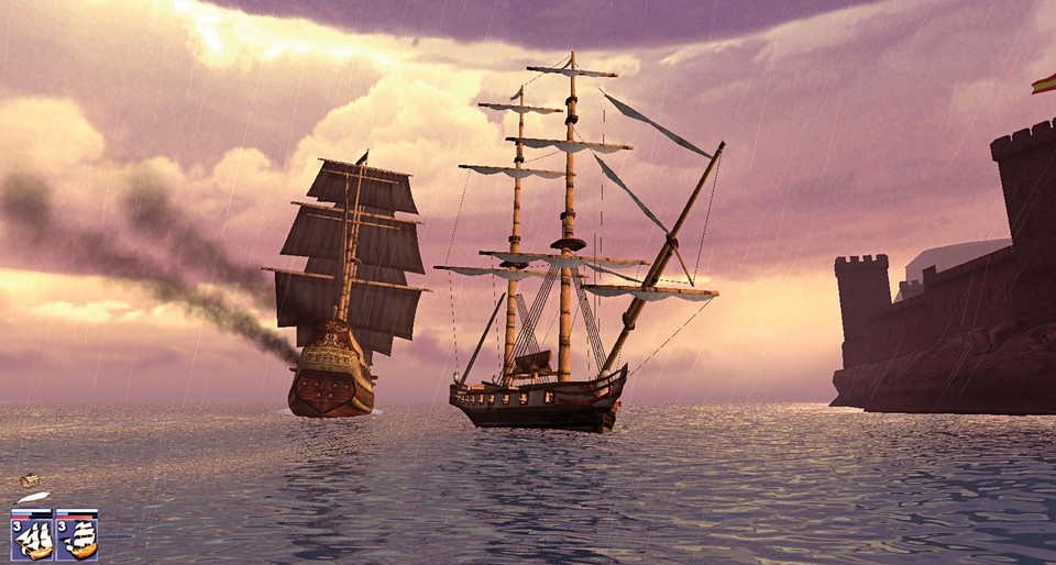 Bei Regen verfolgen wir das angeschlagene Piratenschiff - das spanische Fort hilft uns beim Kampf. Unsere Segel sind gerafft, um schneller wenden zu können.