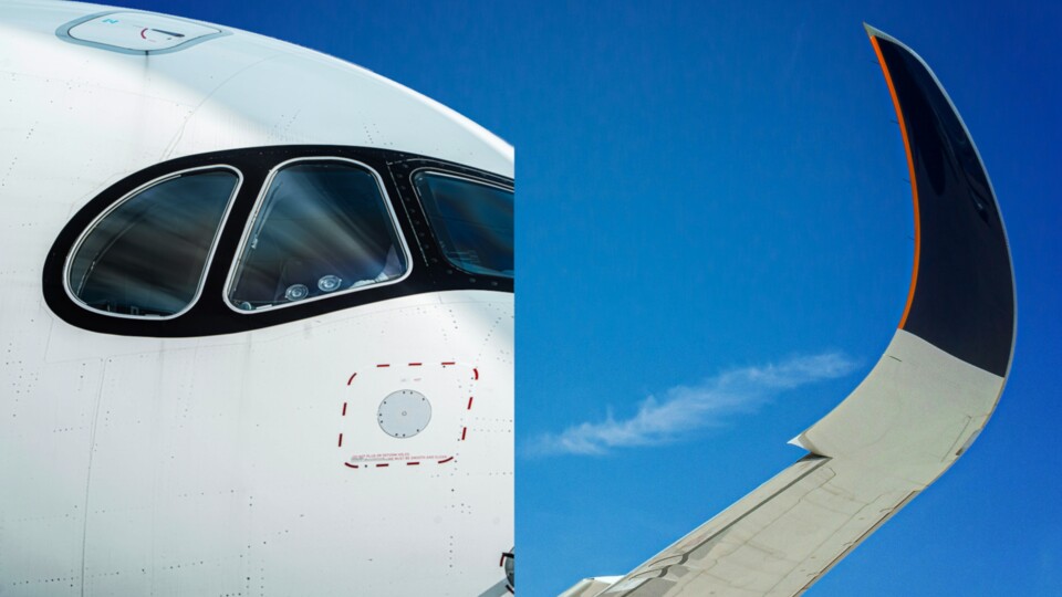 Hier seht ihr die zwei charakteristischsten Merkmale des Airbus A350 nebeneinander. Links die Zorro-Maske um die Cockpitfenster und rechts die Sharklets.
(Bildquelle: Unsplash, Lukas Souza und Emily Rusch)