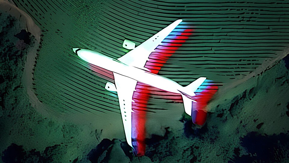 Das herangezoomte Flugzeug über einer Hochebene der Alpen.
(Bildquelle: Google Maps, hochskaliert)