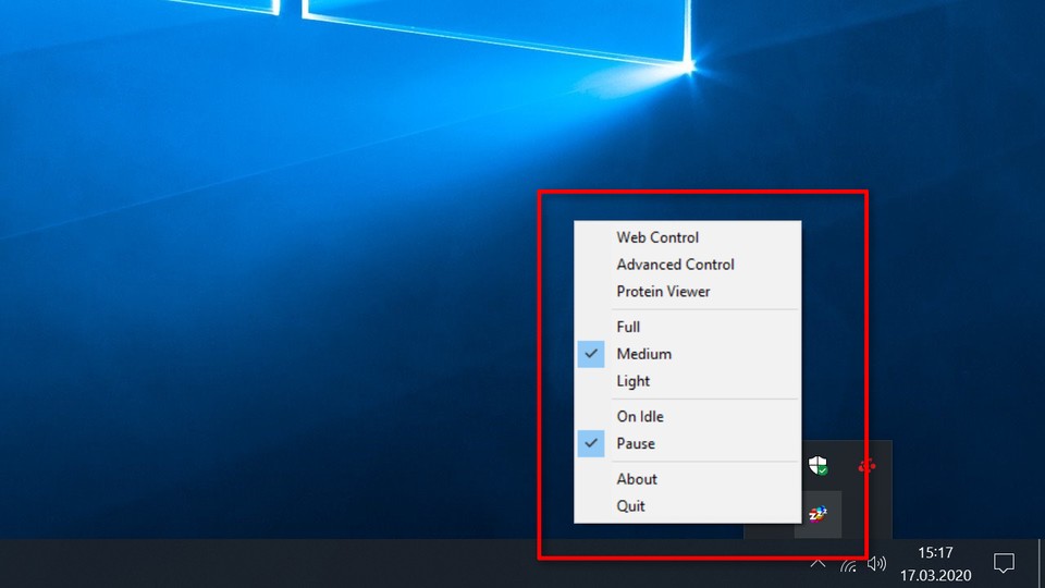 Das Tray-Icon in der Taskleiste von Windows bietet schnellen Zugriff auf die wichtigsten Einstellungen von Folding@home.
