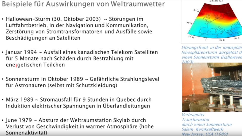 Einige Beispiele für Folgen von extremem Weltraumwetter. Quelle: DLR für Solar-Terrestrische Physik