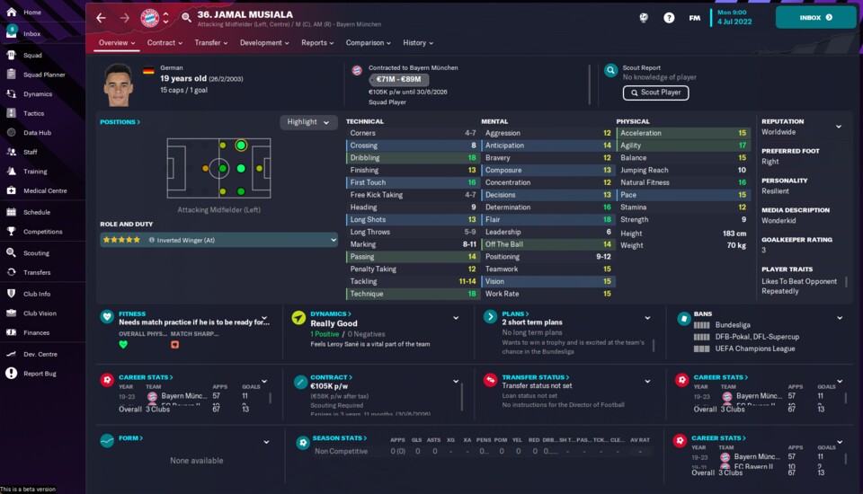 Bayern-Talent Jamal Musiala ist im Football Manager 2023 eines der besten Talente und entsprechend teuer.
