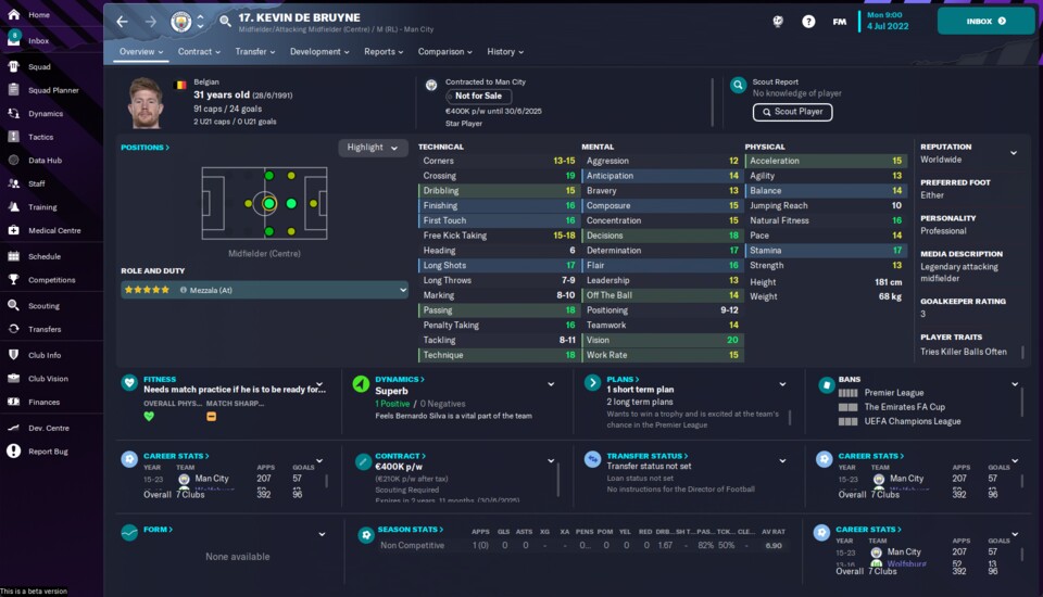 Kevin de Bruyne ist der stärkste Spieler im Football Manager 2023 - und hat entsprechend hohe Werte.