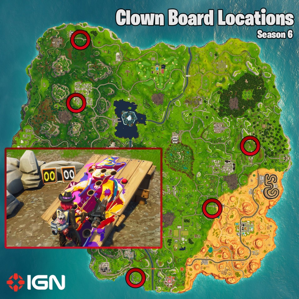 An den markierten Punkten, findet ihr die Clown Boards. (Quelle: IGN)