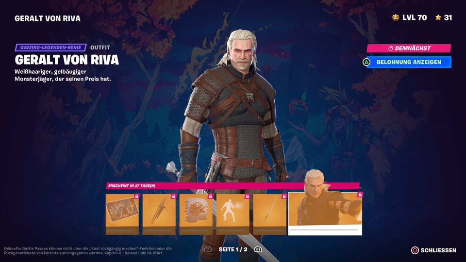 Wenn es um Skins geht, macht kein anderes Spiel Fortnite so schnell etwas vor. In der aktuellen Season gibt es sogar Hexer Geralt von Riva aus The Witcher.