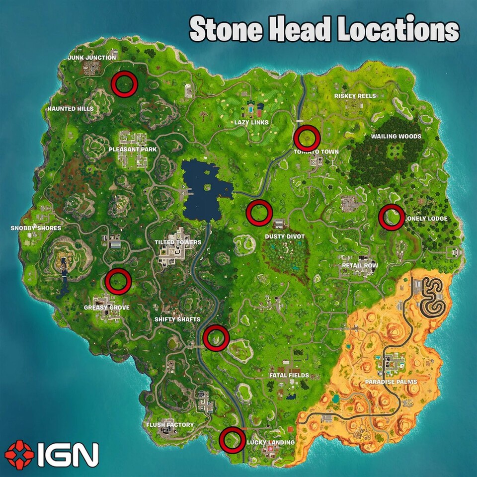 Die Karte zeigt euch die Positionen der sieben Steinköpfe. (Quelle: IGN)