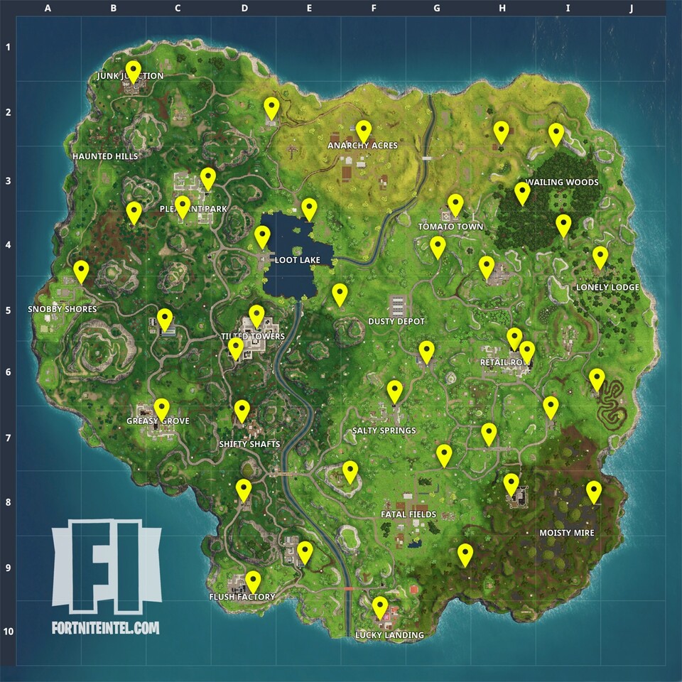 Auf dieser Karte seht ihr die bekannten Positionen von Vending Machines in Fortnite: Battle Royale. (Quelle: Fortniteintel.com)